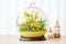 high-gloss spherical terrarium with miniature yellow flowers