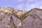 High gray rocks. Green trees. Blue sky