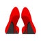 High heel red beautiful foot shoes wear. Feminine trendy fashion accessories flat back view. Love sexy long model vector icon