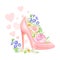 High Heeled Pink Shoe with Blooming Flowers Inside and Fluttering Hearts as International Women s Day Holiday Symbol