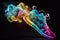 high-heeled sport shoe with magical smoke trail in the form of colorful hearts