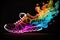 high-heeled sport shoe with magical smoke trail in the form of colorful hearts