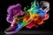 high-heeled sport shoe with magical smoke trail in the form of colorful hearts