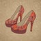 A high-heeled vintage shoes with flowers fabric. High heels background with place for you text on paper background.