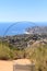 High hillside view of coastline of Laguna Beach with the ocean