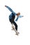 High jump. Active young man in casual clothes in motion, riding skateboard, training isolated over white background