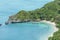 High landscape view over of Koh Sam Sao island or Tripod Island natural arch stone curve bridge at Angthong Islands National Marin