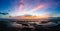 High level aerial panoramic view of Southport beach at sunset