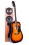 High loudspeaker tower with acoustic guitar