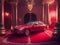 High luxury red car parked in Red glowing carpet and ceremonial VIP staircase, close up. VIP luxury entrance with red carpet.