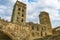 High medieval towers of the stone monastery on the mountain. Sant Pere de Rodes,