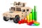 High Mobility Multipurpose Wheeled Vehicle with growth bar graph and pie chart. 3D rendering
