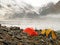 High mountain climbing base camp against Bezenghi Wall glacier