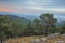 High mountain forests and panoramic sunset evening