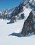 High mountain snowy landscape with glacier view. Europe Alps Mont Blanc massif mount. Winter sunny day, snow, rocky