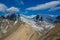 High mountain wall of Tian Shan peaks in Tuyuk Su panorama landscape