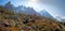 The high peaks of the chamonix valley and Mont Blanc Massif in the village of Chamonix in France.