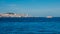 High perspective panorama of Lisbon old city center, view from Almada, Portugal with ferry boat crossing