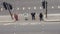 High perspective view of pedestrians in the City of London crossing the street. Iconic look left and look right signs