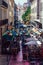 High perspective view of people walking on the Pink Street of Lisbon in the Cais do Sodre