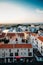 High perspective view of sunset at Vilamoura Marina, Algarve, Portugal with busy nightlife around the Marina full of