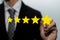 High quality. business man customer in suit hand pointing on five star button to review good rating
