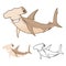 High Quality Hammerhead Shark Cartoon Character Include Flat Design and Line Art Version