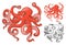 High Quality Octopus Cartoon Character Include Flat Design and Line Art Version