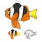 High Quality Yellowtail Clownfish Cartoon Character Include Flat Design and Line Art Version