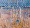 High Res ancient red limestone Egyptian colored relief with detailed hieroglyph and rich vivid painting