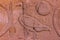 High Res ancient red limestone Egyptian relief with figures and a duck