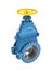 High resolution 3D Industrial blue pipeline valve with on white background