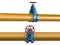 High resolution 3D yellow Industrial pipeline with blue valves on white background