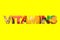 High Resolution Banner with Word Vitamins. Inside Image of Tropical Summer Seasonal Fruits Pineapple Papaya Mango Coconut Oranges