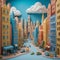 high resolution claymation Diorama of city. The colors are pastel, there are some cotton wool clouds in the bright blue sky. the