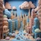 high resolution claymation Diorama of city. The colors are pastel, there are some cotton wool clouds in the bright blue sky. the