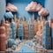 high resolution claymation Diorama of city. The colors are pastel, there are some cotton wool clouds in the bright blue sky. the