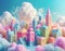 high resolution claymation Diorama of city. The colors are pastel, there are some cotton wool clouds in the bright blue sky. the