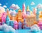 high resolution claymation Diorama of city. The colors are pastel, there are some cotton wool clouds in the bright blue sky. the