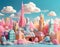 high resolution claymation Diorama of city. The colors are pastel, there are some cotton wool clouds in the bright blue sky. the