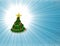 High resolution illustration of Merry Christmas Tree decorated with golden star and colour bulb lights on light blue supernova bac