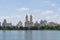 High resolution panorama of the Central Park West skyline and the Jacqueline Kennedy Reservoir in New York City with apartment