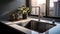 High-rise living: Undermount kitchen sink installation, first-person perspective, black stainless s