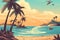 high saturation, cartoon, palm trees along the beach, ocean, Scenic View Of Shore And Sea Against Sky at sunset