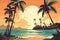 high saturation, cartoon, palm trees along the beach, ocean, Scenic View Of Shore And Sea Against Sky at sunset