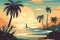 high saturation, cartoon, palm trees along the beach, ocean, Scenic View Of Shore And Sea Against Sky at sunset