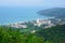 High scenic view point landscape of resorts on mountain and blue Andaman Sea in Phuket island of Thailand