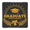 High school and college graduation, off to school vector logo. Grunge graduate label