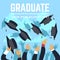 High school graduating students throw black graduation caps up in sky vector illustration