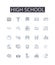 High school line icons collection. Presentation, Seminar, Lesson, Workshop, Discussion, Talk, Address vector and linear